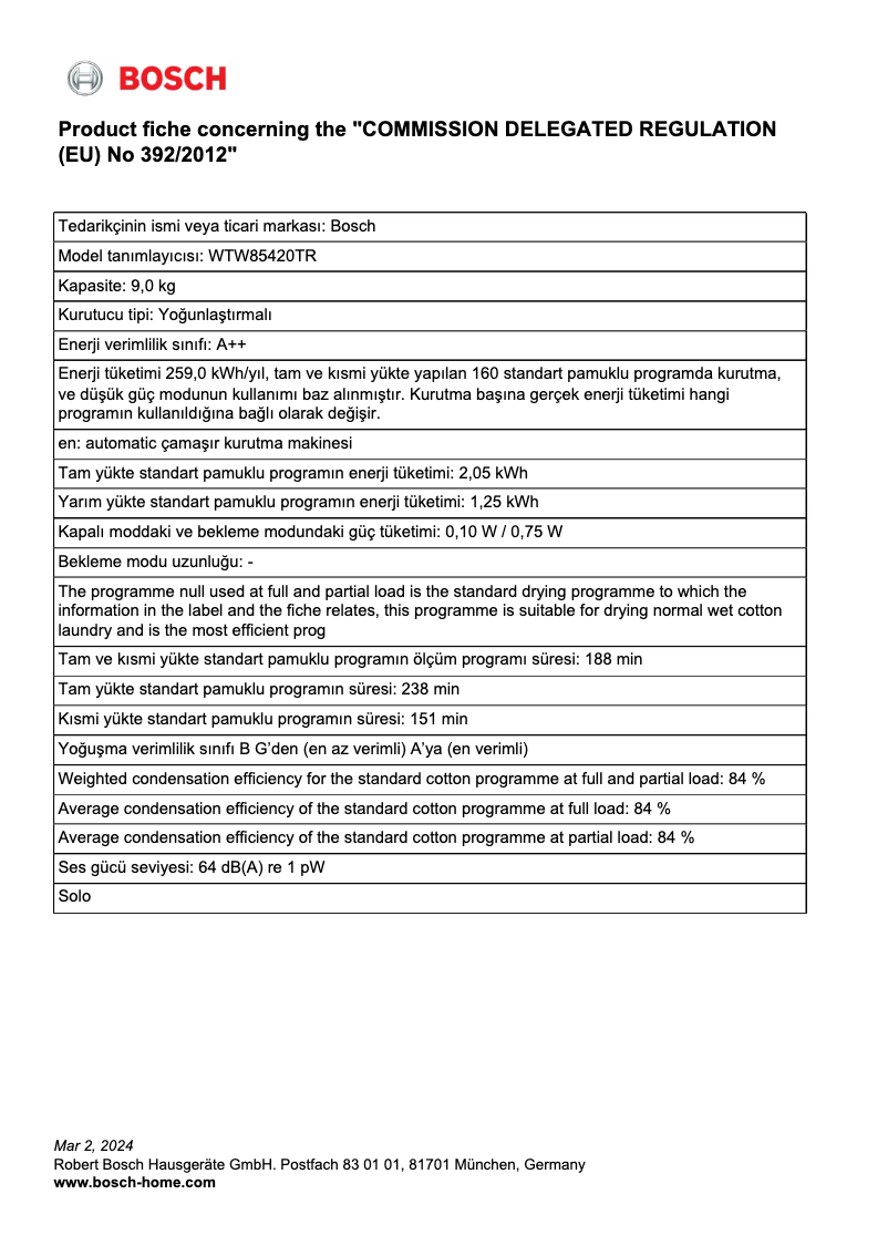 Page 1 de la notice Fiche technique Bosch WTW85420TR