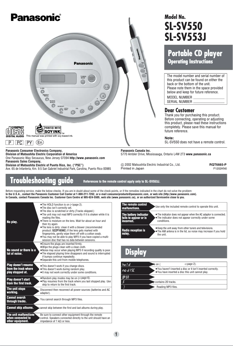 Page 1 de la notice Manuel utilisateur Panasonic SLS-V553