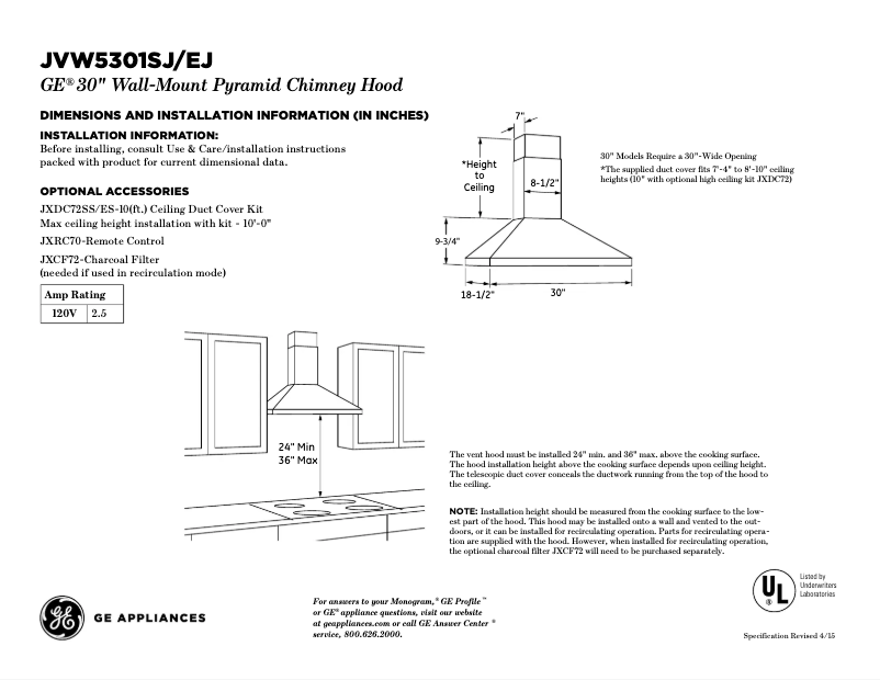 Página 1 del manual Ficha técnica GE JVW5301EJES