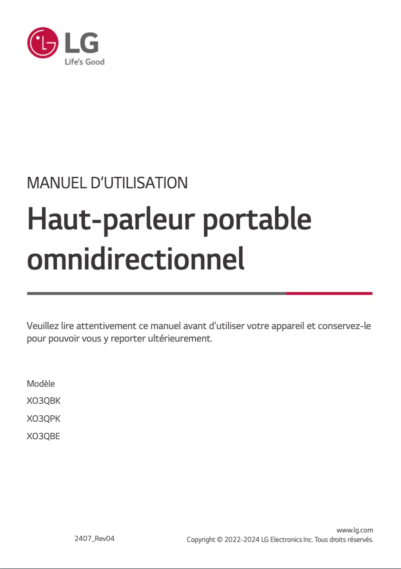 Page 1 de la notice Manuel utilisateur LG XBoom Go XO3Q