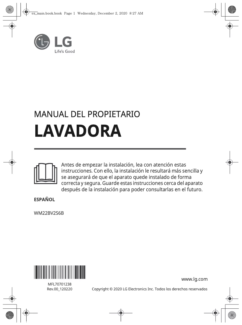 Page 1 de la notice Manuel utilisateur LG WM22BV2S6B