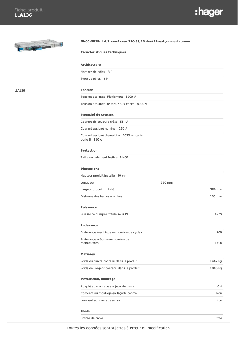 Página 1 del manual Ficha técnica Hager LLA136