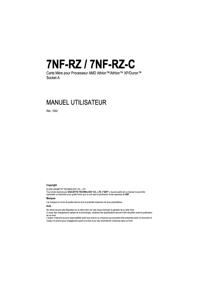 Page 1 de la notice Manuel utilisateur Gigabyte 7NF-RZ