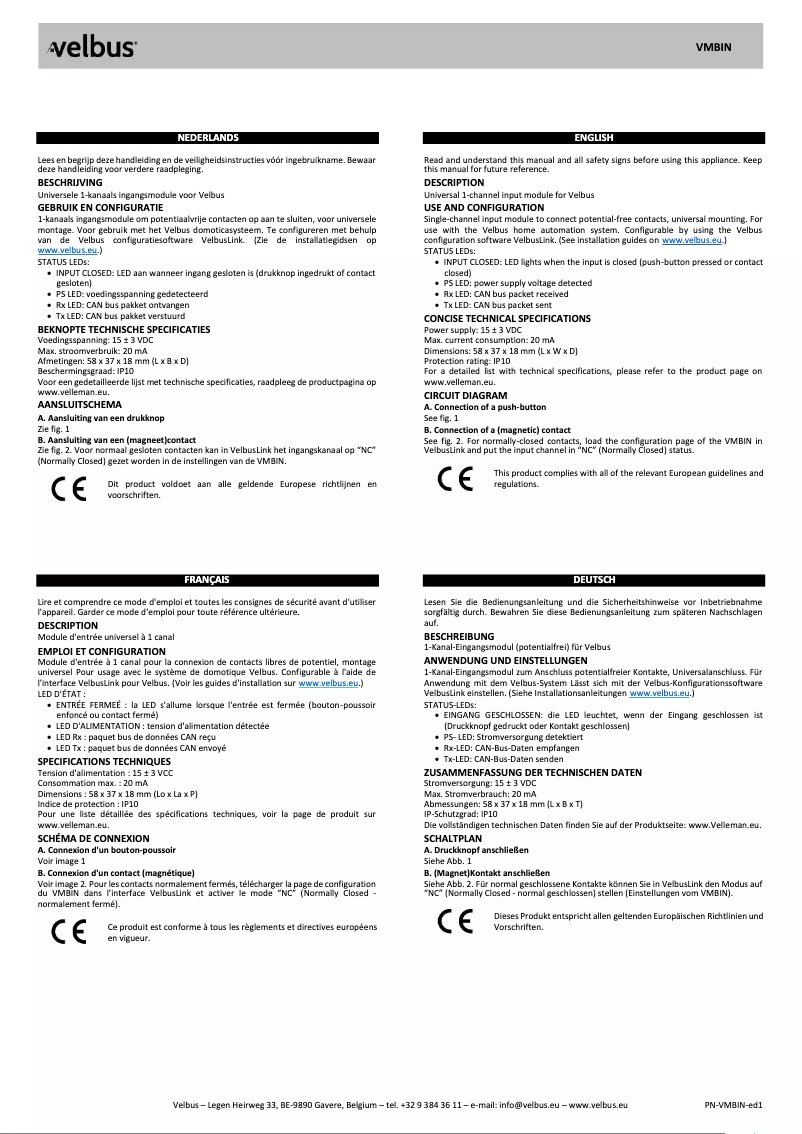 Page 1 de la notice Manuel utilisateur Velbus VMBIN