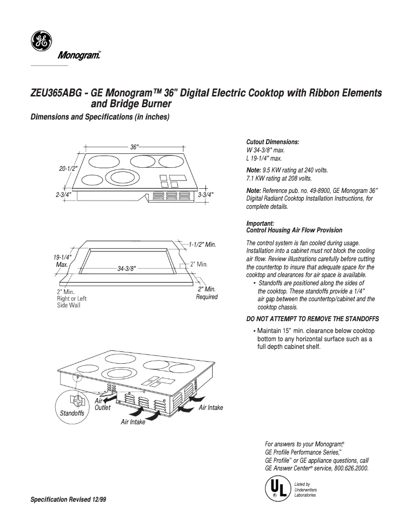 Page n°1 - Fiche technique GE ZEU365ABG