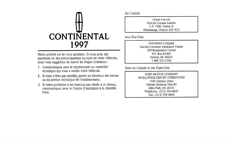 Page 1 de la notice Manuel utilisateur Lincoln Continental (1997)