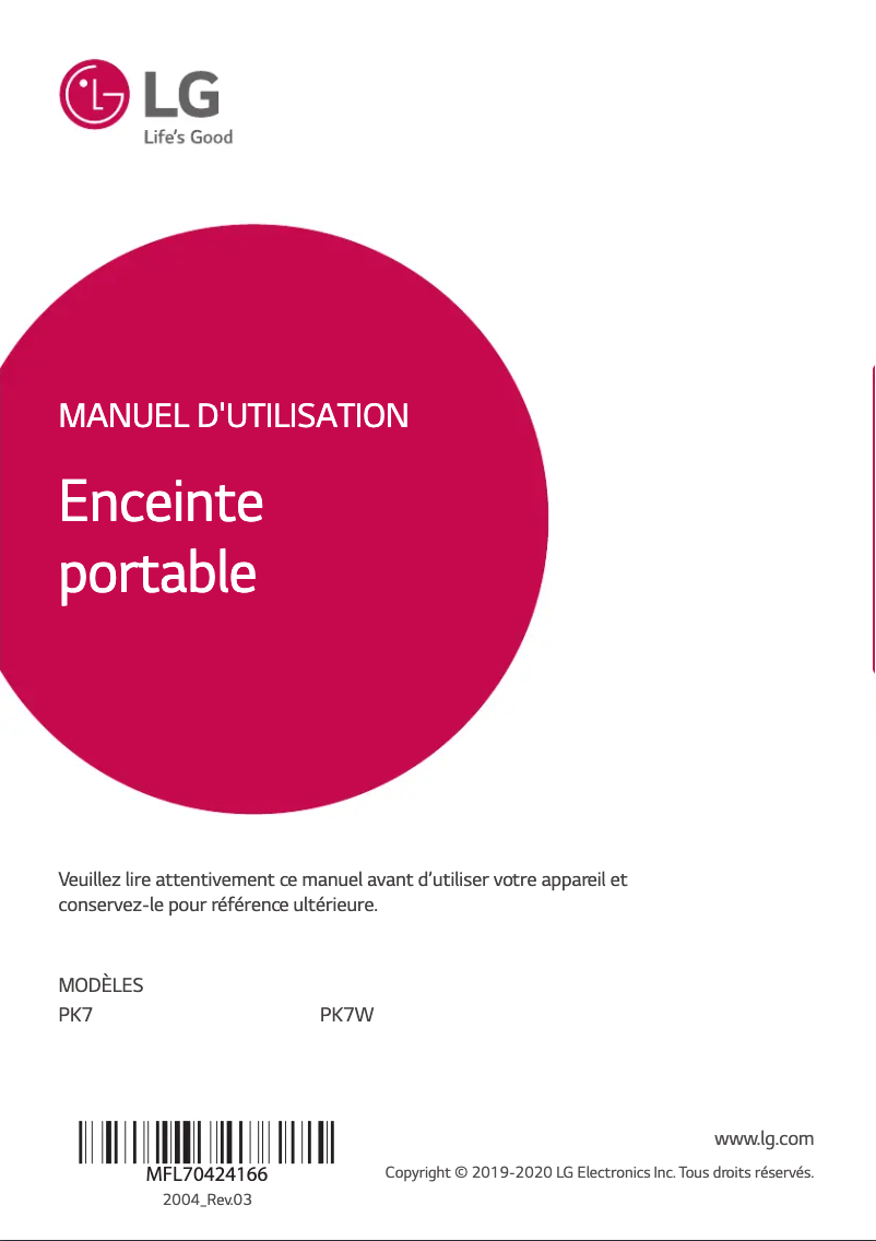 Page 1 de la notice Manuel utilisateur LG PK7W