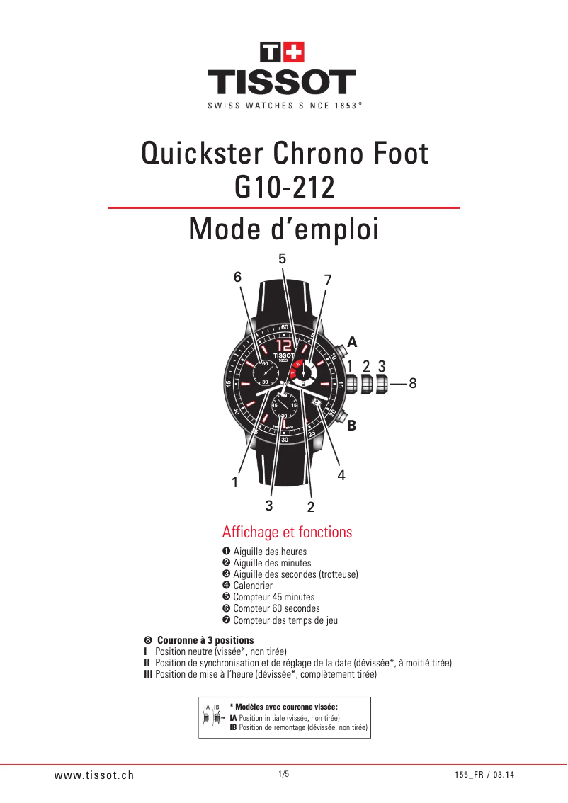 Page 1 de la notice Manuel utilisateur Tissot Quickster Chrono Football