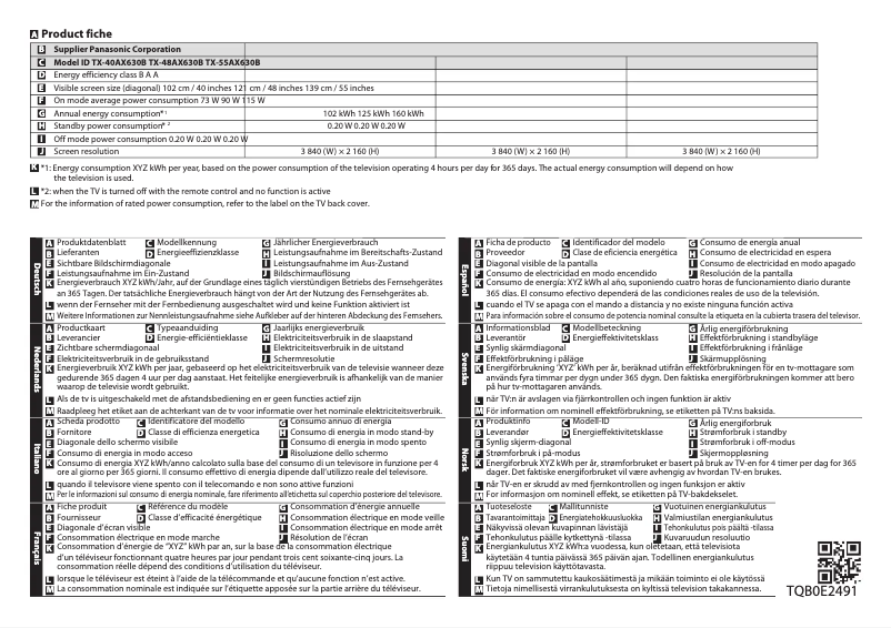 Page 1 de la notice Fiche technique Panasonic TX-48AX630B