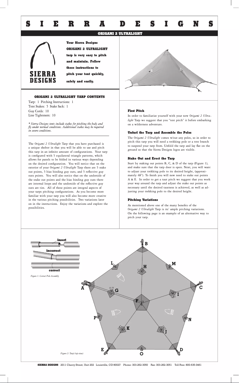 Page 1 de la notice Manuel utilisateur Sierra Designs Origami 2 Ultralight