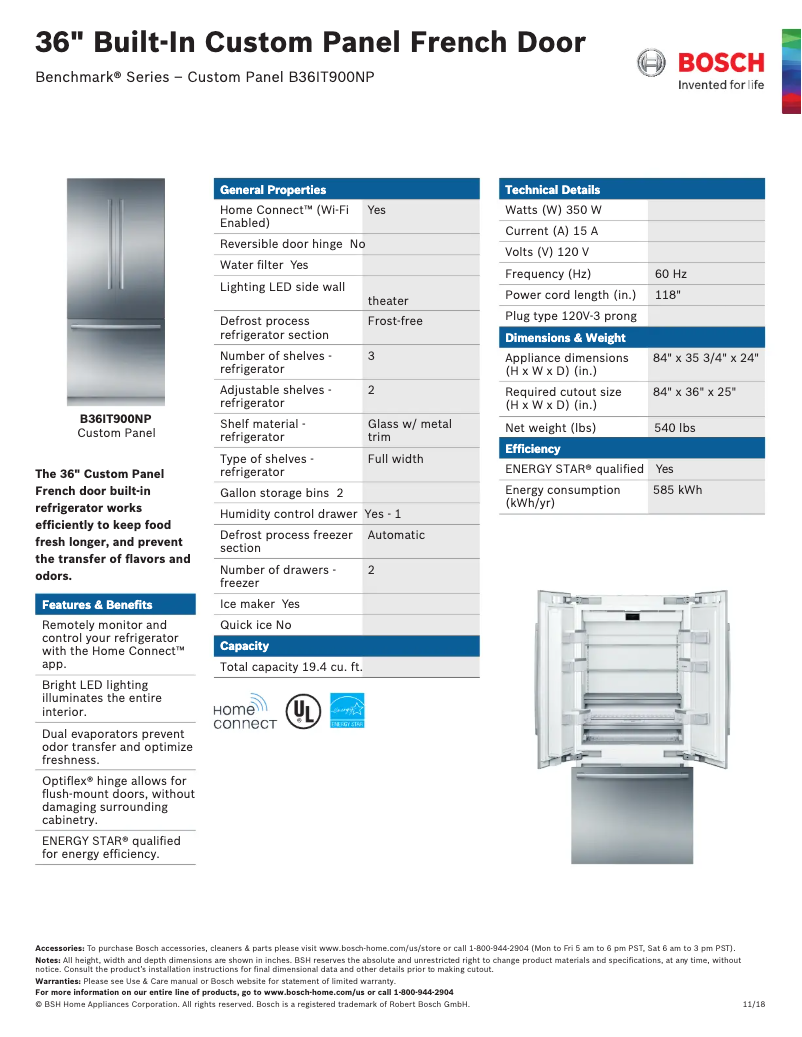Page 1 of the manual Technical Sheet Bosch B36IT900NP