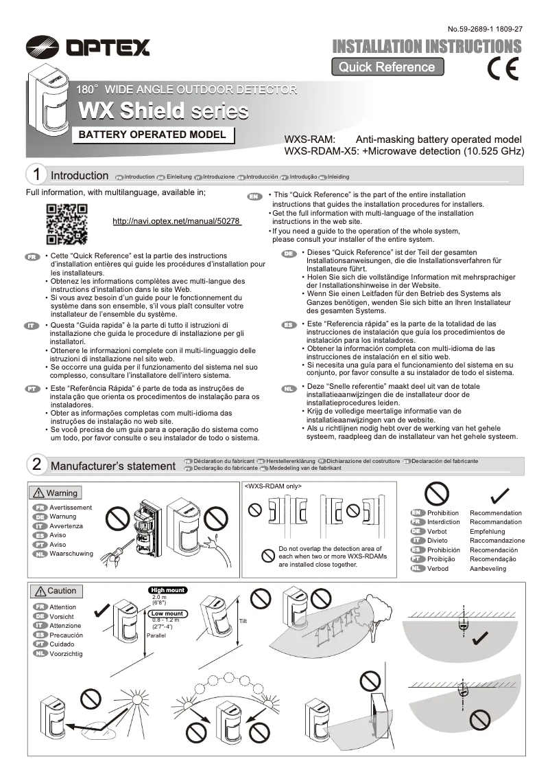 Page 1 de la notice Manuel utilisateur Optex WXS-RDAM