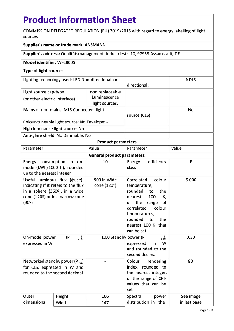 Page 1 de la notice Fiche technique Ansmann WFL800S