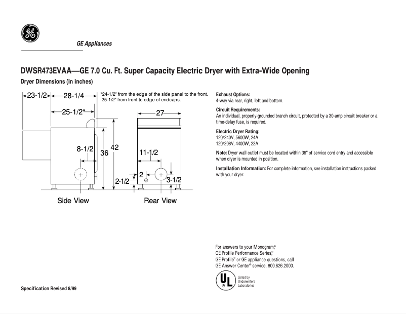 Página 1 del manual Ficha técnica GE DWSR473EVAA