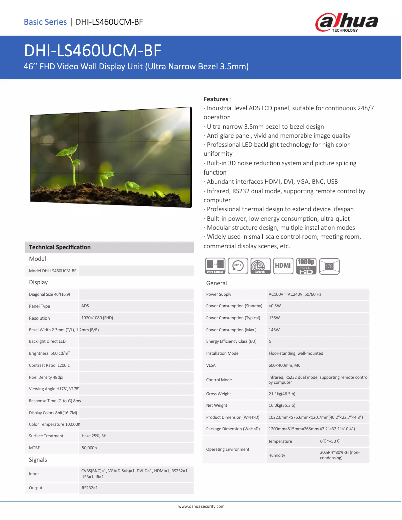 Page 1 de la notice Fiche technique Dahua Technology LS460UCM-BF