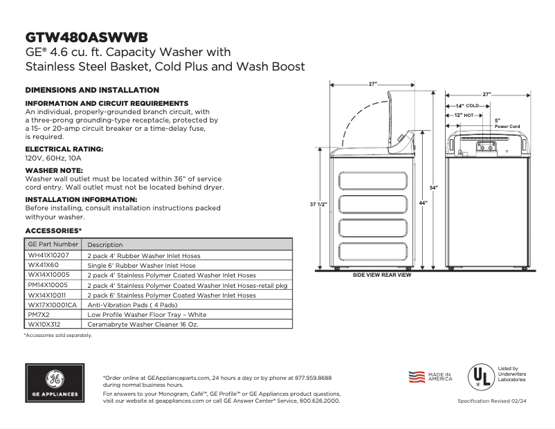 Page 1 of the manual Technical Sheet GE GTW480ASWWB