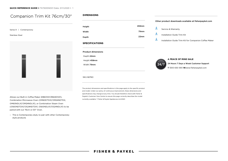 Page 1 de la notice Manuel utilisateur Fisher & Paykel TK7630NDX1
