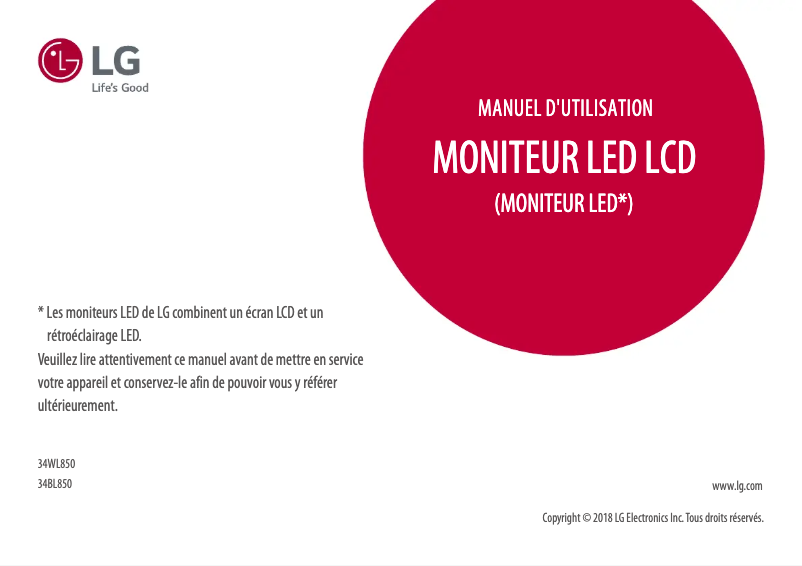 Page 1 de la notice Manuel utilisateur LG UltraWide 34WL850