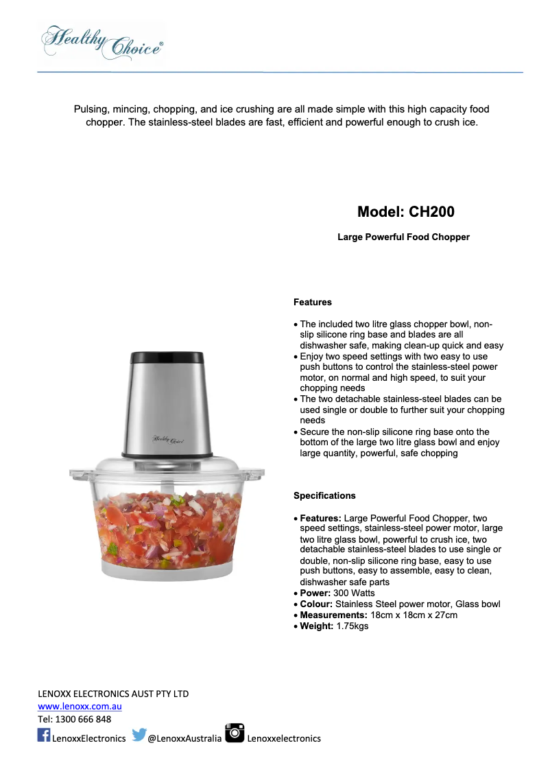 Page 1 de la notice Fiche technique Healthy Choice CH200