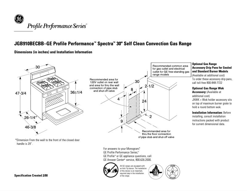 Page 1 de la notice Fiche technique GE Profile Spectra JGB910BECBB