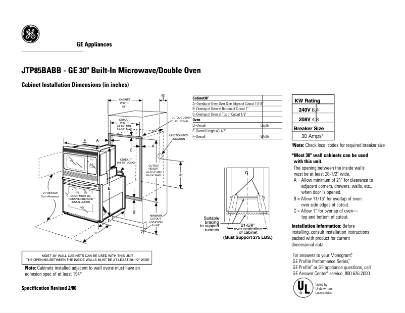 Page n°1 - Fiche technique GE JTP85BABB