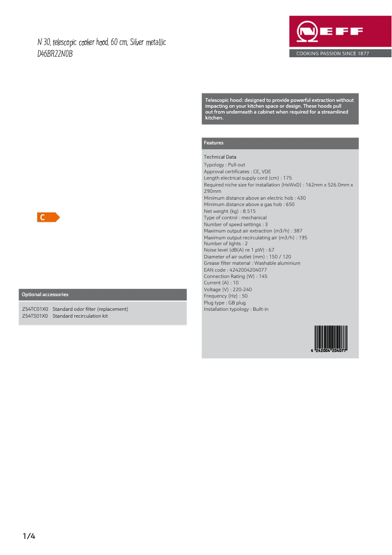 Page 1 of the manual Technical Sheet Neff D46BR22N0B