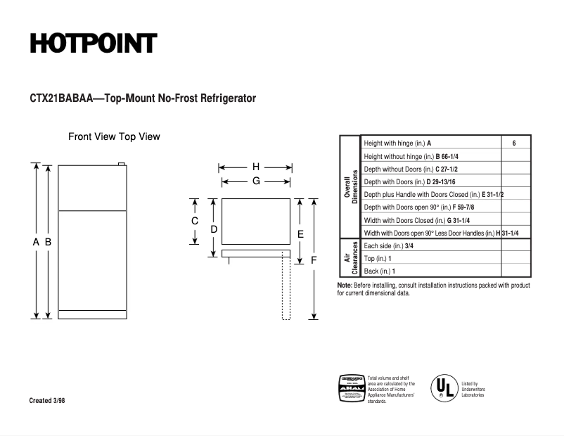 Page 1 de la notice Fiche technique Hotpoint CTX21BABAA