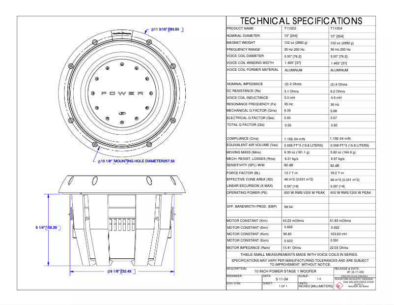 Página 1 del manual Ficha técnica Rockford Fosgate Power T115D4