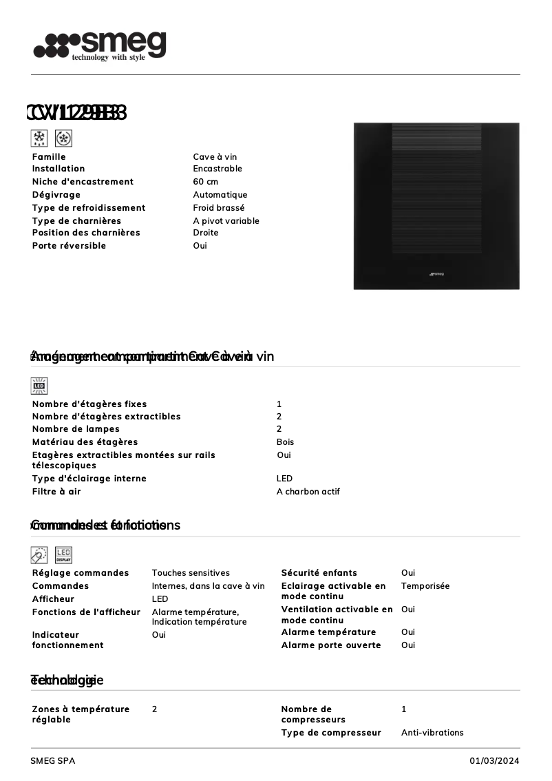 Page 1 de la notice Fiche technique Smeg CVI129B3