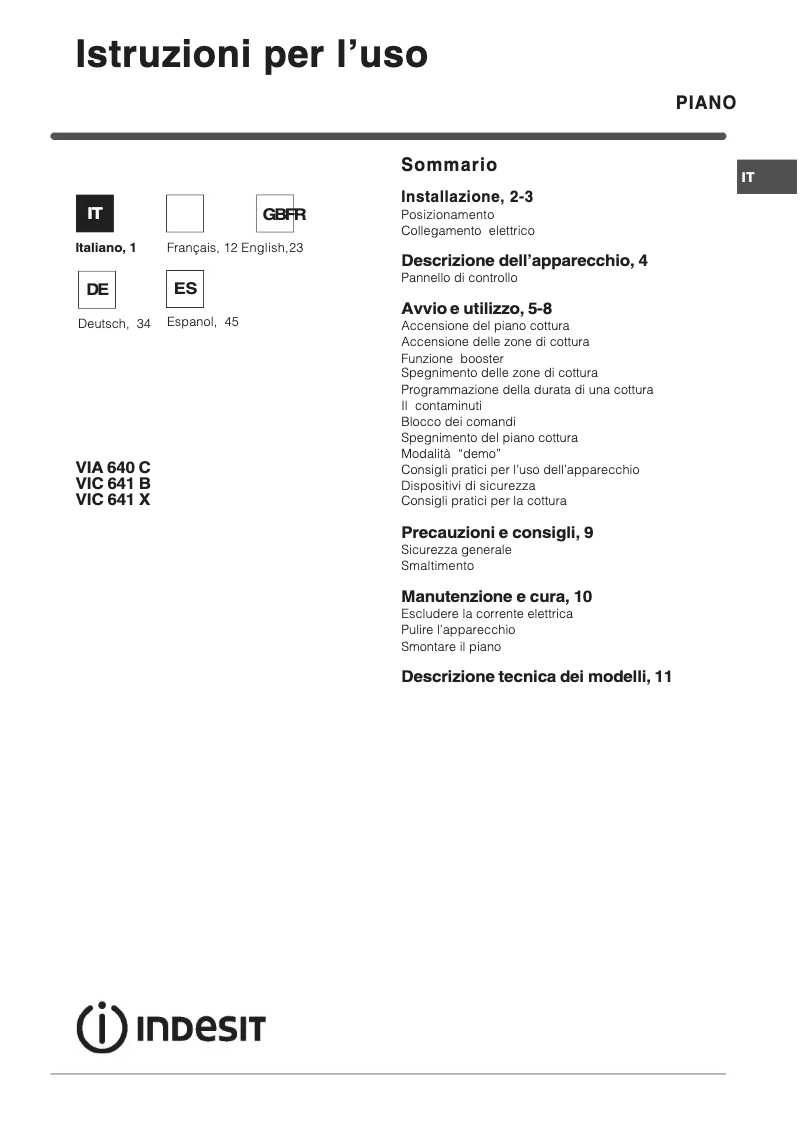 Page 1 de la notice Manuel utilisateur Indesit VIC 641 X