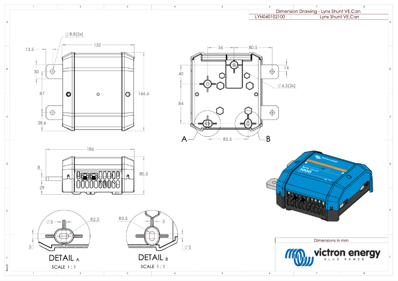 Page 1 de la notice Dessin technique Victron Energy Lynx Shunt VE.Can