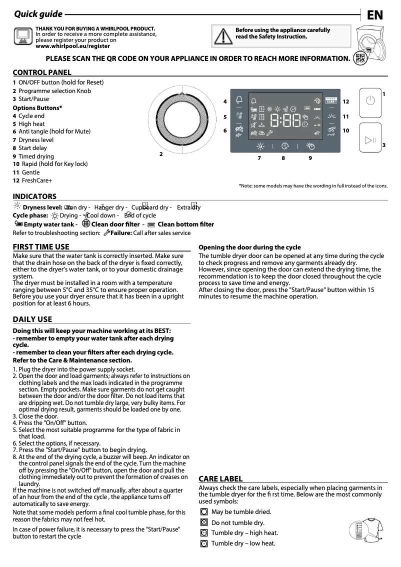 Page 1 de la notice Guide d'installation Whirlpool FFT M22 9X2B