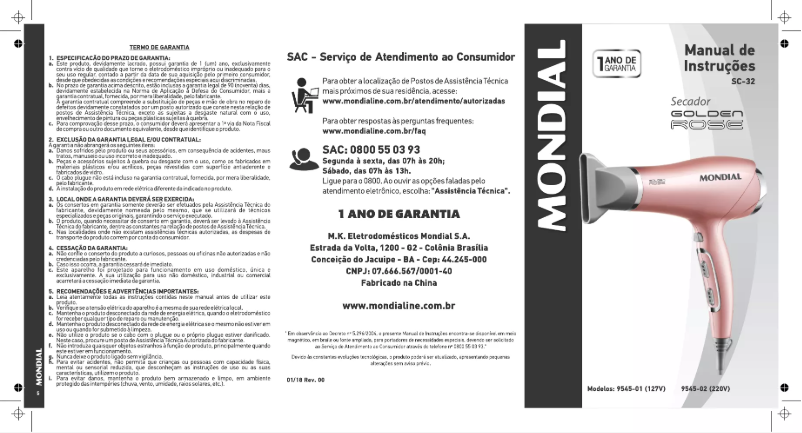 Página 1 del manual Manual de usuario Mondial Golden Rose SC-32