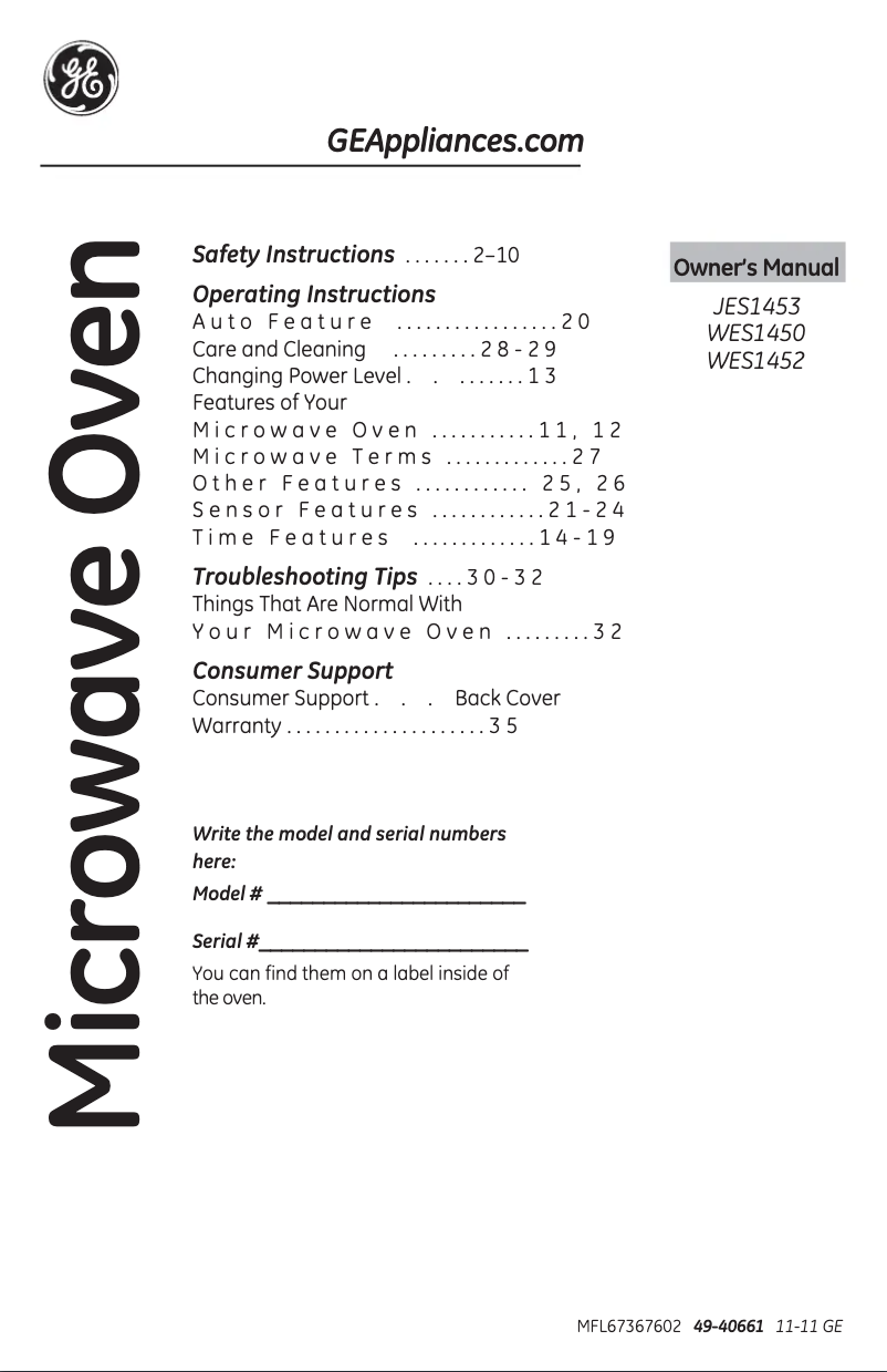Page 1 of the manual Use and Maintenance Manual GE WES1450DSBB