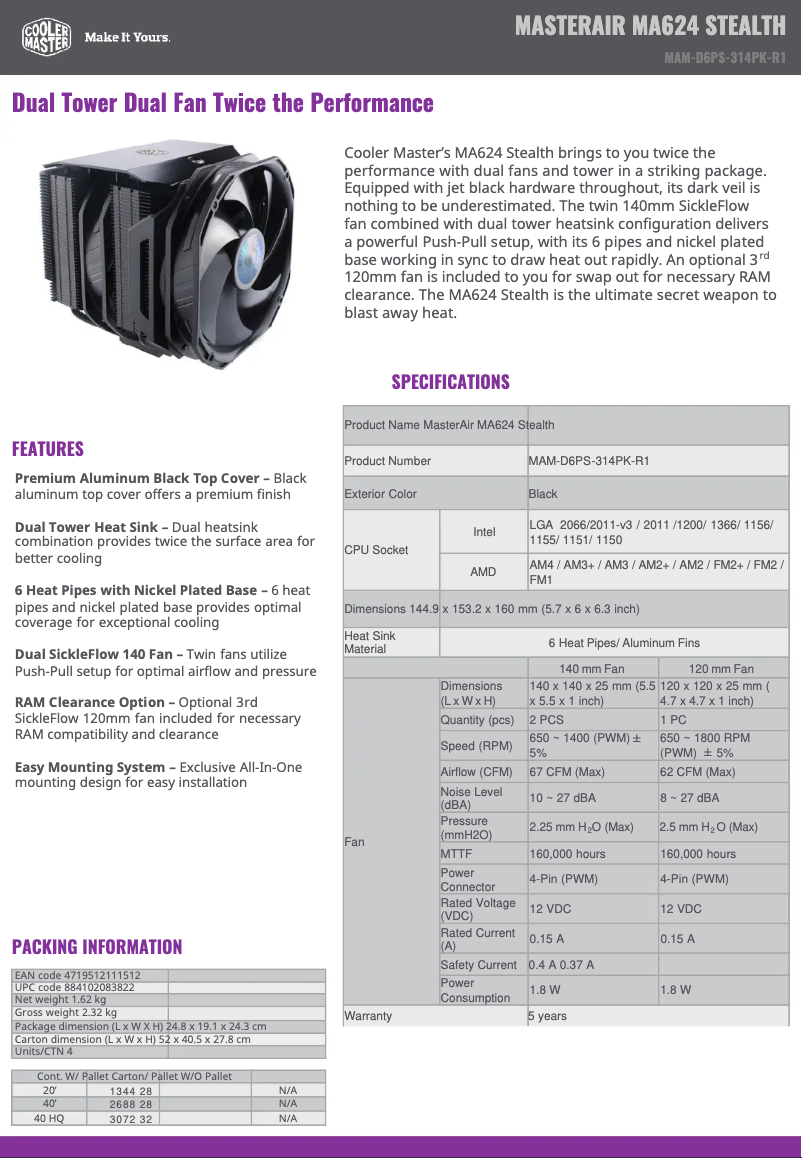 Page 1 de la notice Fiche technique Cooler Master MasterAir MA624 Stealth