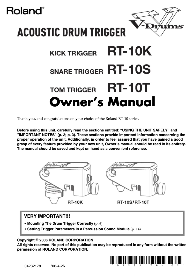 Page 1 de la notice Manuel utilisateur Roland RT-10