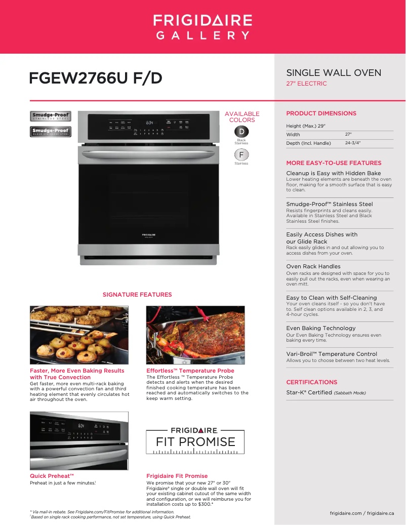 Page 1 de la notice Fiche technique Frigidaire FGEW2766UF