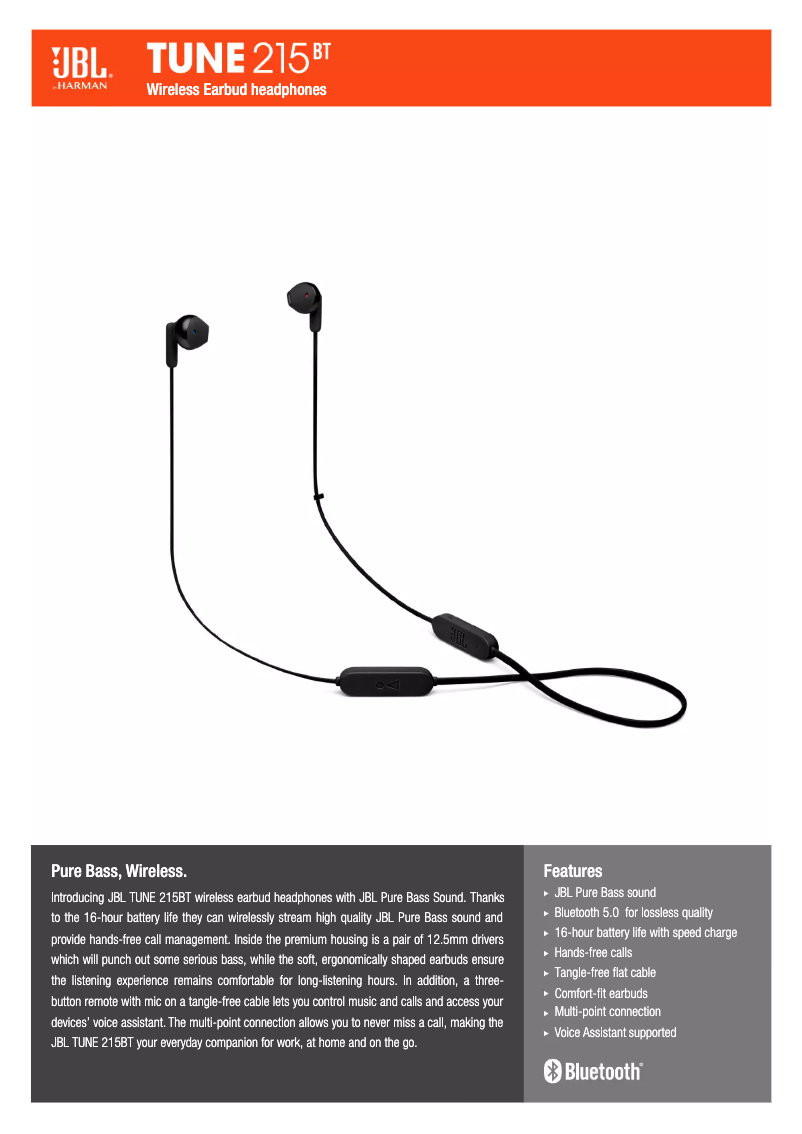 Page 1 de la notice Fiche technique JBL TUNE 215BT