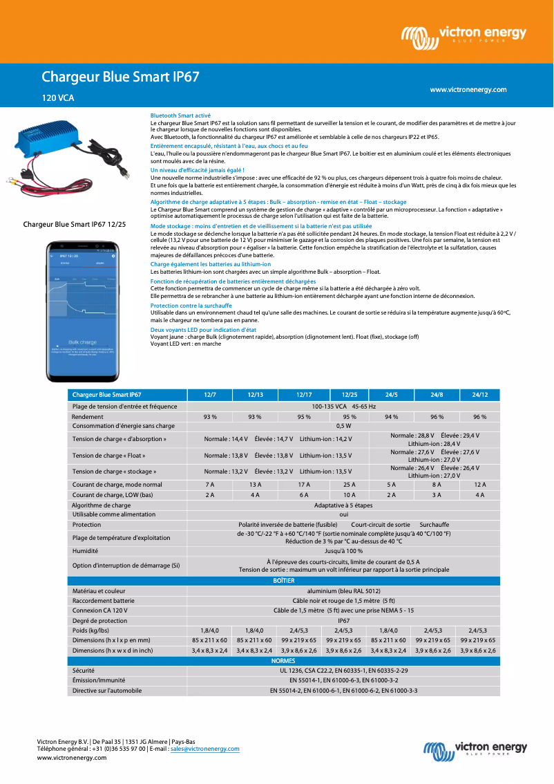 Page 1 de la notice Fiche technique Victron Energy Blue Smart IP67