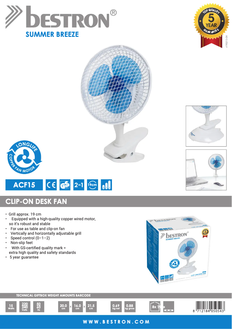 Page 1 de la notice Fiche technique Bestron ACF15