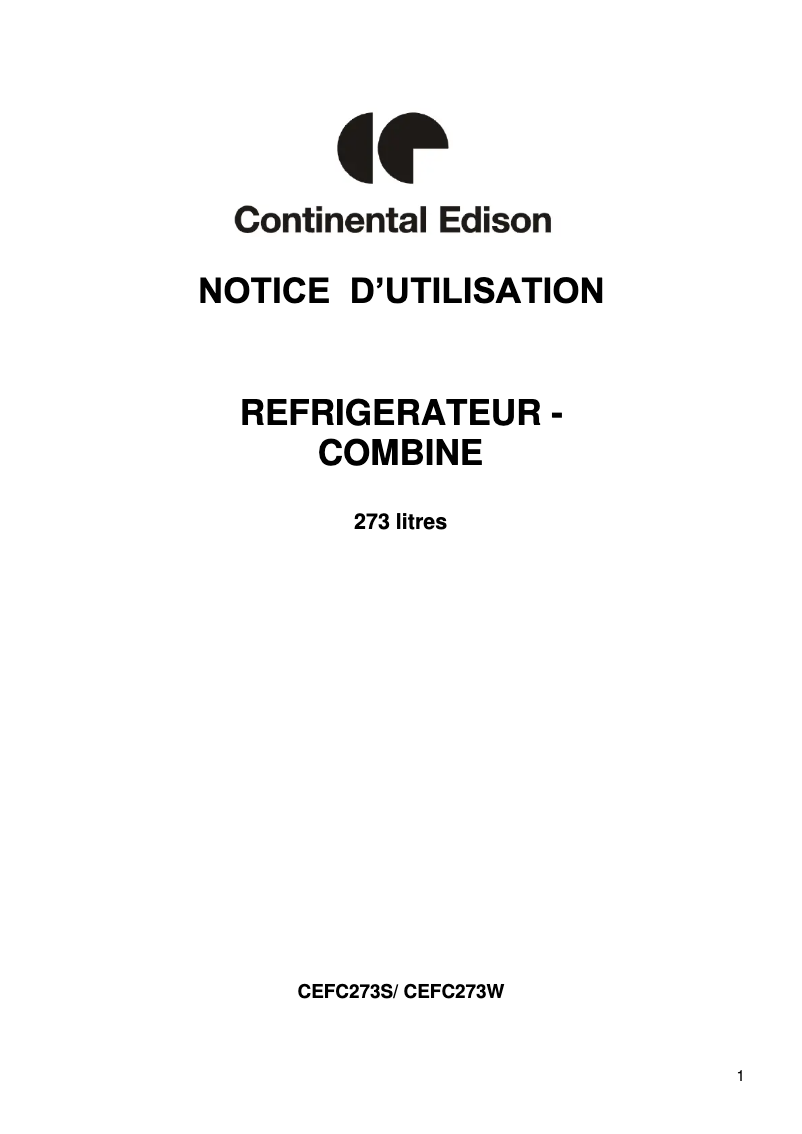 Page 1 de la notice Manuel utilisateur Continental Edison CEFC273S