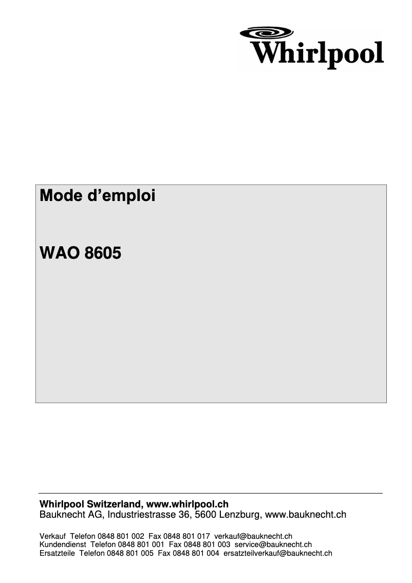 Page 1 de la notice Manuel utilisateur Whirlpool WAO8605