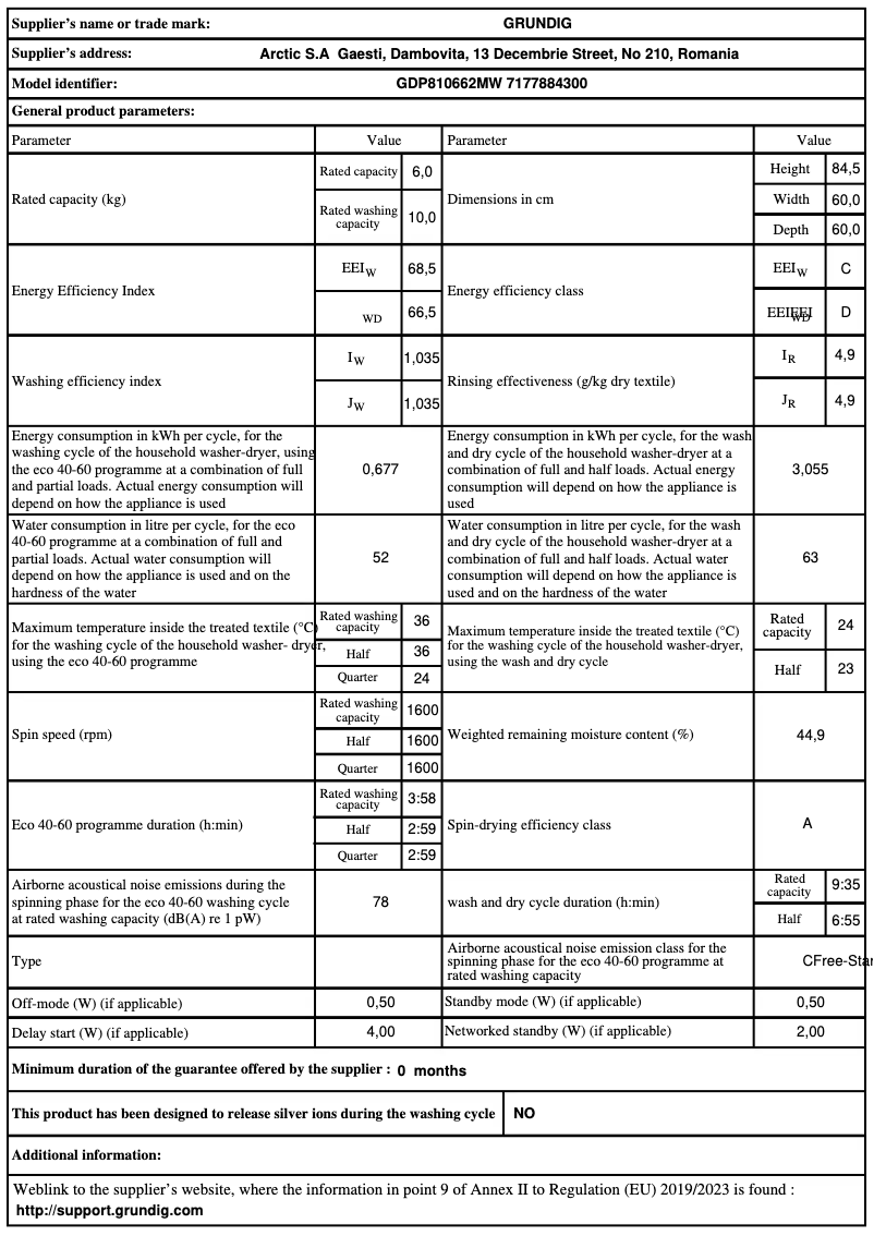 Page 1 de la notice Fiche technique Grundig GDP810662MW