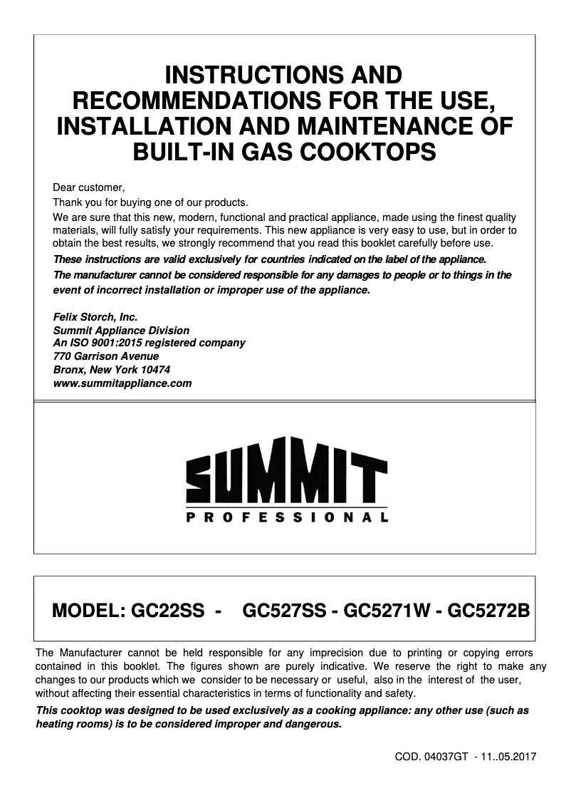 Page 1 de la notice Manuel utilisateur Summit GC527SSTK30