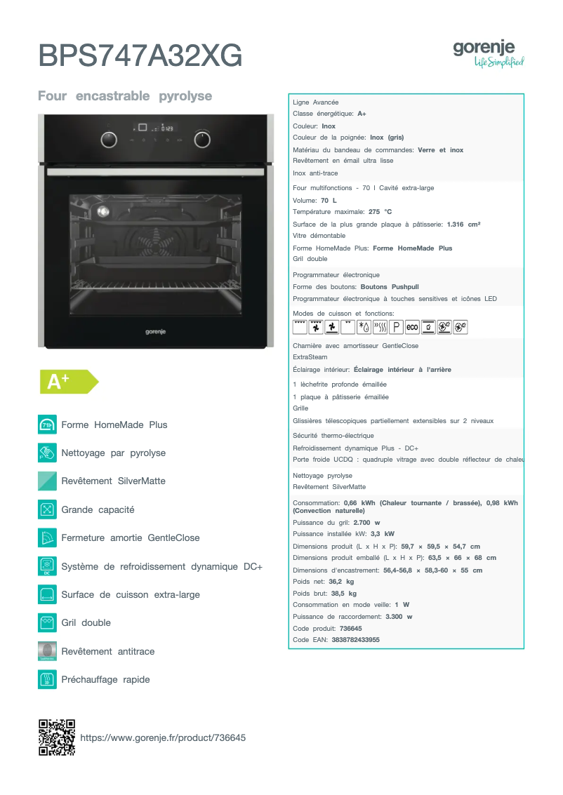 Page 1 of the manual Technical Sheet Gorenje BPS747A32XG