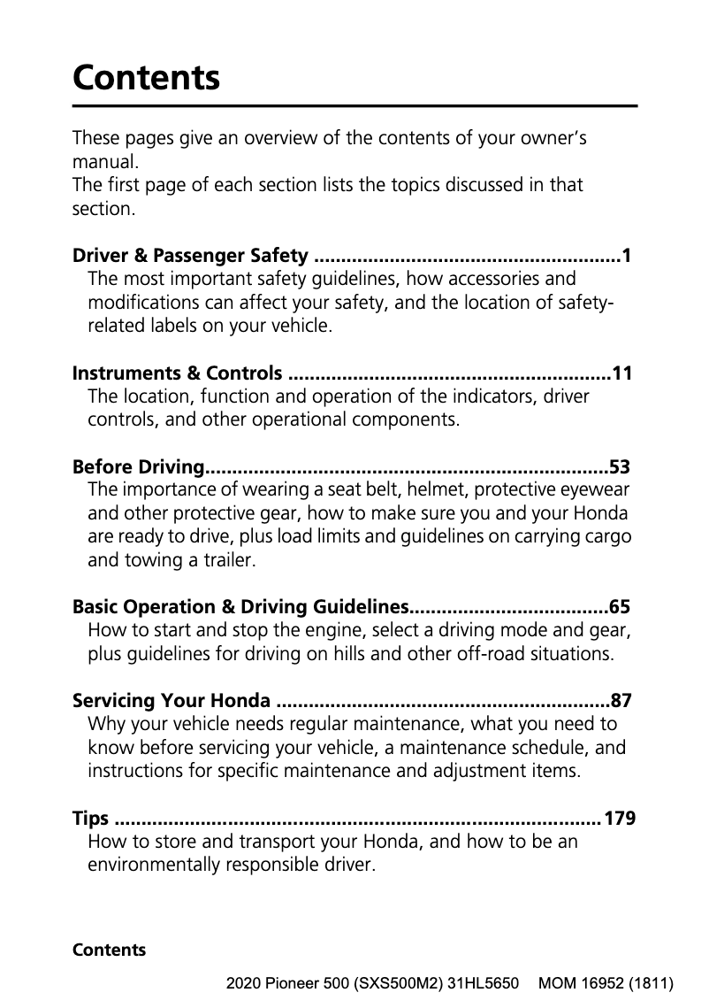 Page 1 de la notice Manuel utilisateur Honda Pioneer 500 (2020)