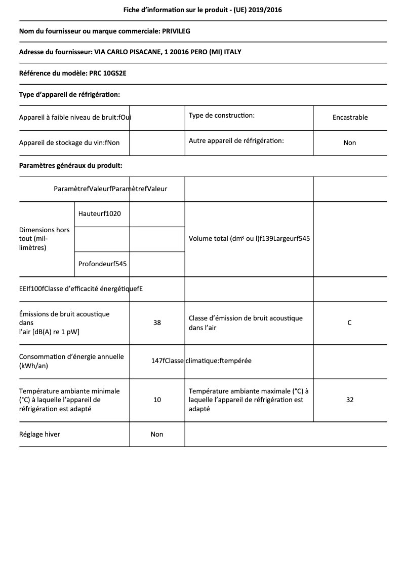 Page 1 de la notice Fiche technique Privileg PRC 10GS2E