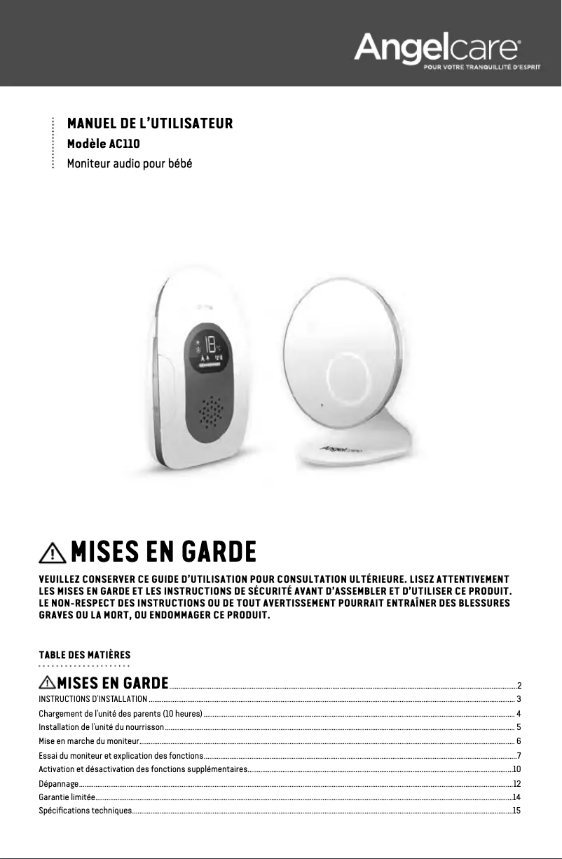 Page 1 de la notice Manuel utilisateur Angelcare AC110