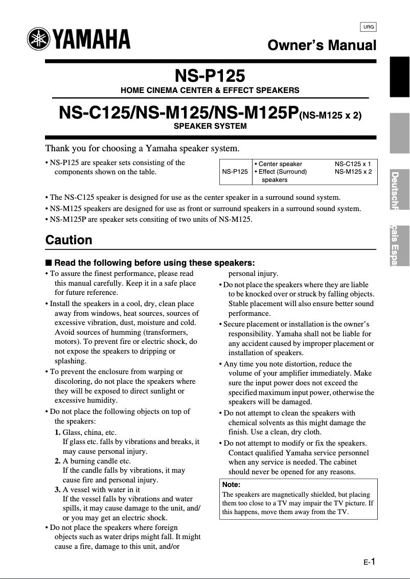 Page 1 de la notice Manuel utilisateur Yamaha NS-P125