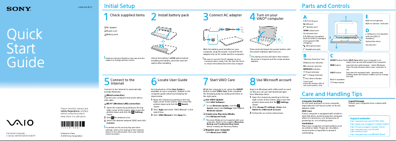 Page 1 de la notice Guide d'installation Sony Vaio SVE14116FXB